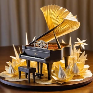 A captivating, enchanting scene of an intricately folded origami artist playing an exquisite piano. The artist is skillfully crafted from sheet music, bringing a unique and artistic touch to the scene. The piano, with its ivory keys, sits atop a small platform with a detailed wooden design. The background is filled with a serene and magical ambiance, with floating sheet music, glowing orbs, and a soft, golden light cascading from above.