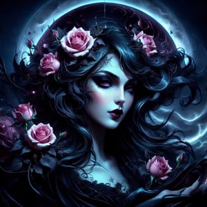 Gothic fairytale, paint flow, elegant, haloed by the moon, roses, swirling lines, abstraction, conceptual, realistic face, beautiful, Decora_SWstyle,DarkSynth