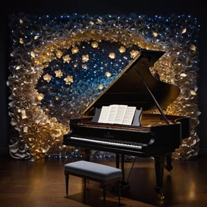 In a dimly lit, ornate music room, a lone figure sits amidst swirling curls of paper-sheet-music. The pianist, crafted from intricately folded origami, delicately presses keys with fingers like crumpled pages. Soft focus on the musician's face, sharp on the instrument's intricate mechanisms.

The camera lingers on the piano's curves, reframing to reveal a mesmerizing bokeh of paper fragments dancing in the dim light. A wave of golden dust rises from the piano's surface, as if the music itself is materializing.

In the background, a Zentangle-inspired mural unfolds, featuring delicate patterns that seem to pulse with the rhythm. The air is heavy with the scent of old books and forgotten melodies.

As the pianist's fingers dance across the keys, a fractal-like pattern emerges on the instrument's surface, as if the music is being woven into the very fabric of reality. The camera zooms in on this abstract representation, capturing every detail with hyperrealistic precision.

The image is bathed in a warm, golden light, punctuated by shafts of soft, blue-gray illumination that seem to emanate from the piano itself. The overall effect is one of moody, cinematic drama, as if the very essence of music has been distilled into this single, breathtaking frame.

Technical specifications:

* Resolution: 64 megapixels
* Sensor size: Full-frame
* Lens: Custom-made for maximum contrast and resolution
* ISO: 100-400 (custom-curated to optimize bokeh and atmospheric effects)
* Lighting: HDR-enabled, with a combination of softbox strobes and natural light
* Post-processing: Advanced color grading and sharpening techniques applied to enhance overall image quality.