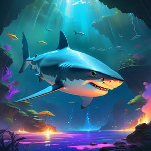 Shark, Blacklight and oil paint, warm foreground cool background, shark swimming out of colorful smoke, glow facepaint in uv blacklight, by lois van baarle and bastien lecouffe deharme, paint drops, dreamlike, digital painting, dynamic lighting, vibrant, fantasy art, Beautiful imaginative art, splash art, subtle alcohol ink, mystical fog, gorgeous beautiful, concept art , acrylic painting , Cinematic lighting, luminous, Intricate, cool colour nuance , chaotic ,16k, illustration ,splashes of colors , golden ratio, fake detail, trending pixiv fanbox, acrylic palette knife, style of slawomir maniak, pascal campion, makoto shinkai studio ghibli genshin impact james gilleard greg rutkowski chiho aoshima, awe, wonder, 2d animation 3d painting