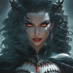 Evil dark, Horror creature (scene:1.6), (full body:1.5) (long shot:2), a (( gorgeous model vamipress charmingly mockingly smirks with her lips parted, showing her fangs, sharp vampire fangs!!!)), ((masquerade setting)), professional ominous concept art, cinematic still, horror art, hauntingly beautiful illustration ,sparks,, painting canvas style, sharp focus, perfect composition, beautiful detailed intricate insanely detailed octane render trending on artstation, 8 k artistic photography, photorealistic concept art, soft natural volumetric cinematic perfect light, chiaroscuro, award - winning photograph, masterpiece, oil on canvas, raphael, caravaggio, greg rutkowski, beeple, beksinski, giger, sabbas apterus and yoshitaka amano, kentaro miura, nekro iii, anna dittman and peter mohrbacher, giger, Digital art by IrinaKapi, by Yuumei and (Butcher Billy, Leonor Fini:0.8), by james jean, ct-niji2,sooyaaa, ,ani_booster,Decora_SWstyle,d1p5comp_style