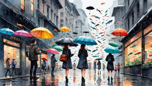 Complex watercolor vector painting on negative space, rainy day, busy crowded sidewalk with people carrying black umbrellas, fish raining from the sky, one girl with a colorful umbrella looks upwards, she reaches out a hand trying to catch a falling fish, intricate composition, meaningful, imaginative realism, realistic, watercolor, highly detailed, artstation devianart pixiv award-winning artwork
