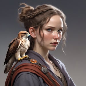 A fantasy character concept portrait of a human wizard woman with pale complexion, subtle freckles, mousy darkbrown messy long hair pulled back in a low messy bun, ((face reminiscent of  jennifer lawrence)), clever grey eyes, skeptical annoyed condescending expression, worn and layered traveling wizard clothing adorned with various magical trinkets, a spellbook and potion vials attached to her belt, and a magical red-tailed hawk perched on her shoulder. The background is detailed, with a captivating composition and color, blending fantasy and realism 