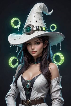 ((A witch dressed as a scientist in a sciencelab!!!)), a confident smirk is quirking the right side of her lips and curving her bottom eyelids up in mirth, hair pilled back in a messy low bun with two long strands loose in front, (((wearing a white labcoat! over her dress))) and a white hat with white drips, hi-tech ornaments on hat where the top meets the brim, holding a smoking green vial of liquid with lots of tiny bubbles inside, neon lights, exquisite digital painting, charlie bowater, alex horley and loish, marc simonetti and yoji shinkawa and wlop, hyperrealistic oil painting, donato giancola, james c christensen, a1sw-InkyCapWitch,Cyberpunk Doctor