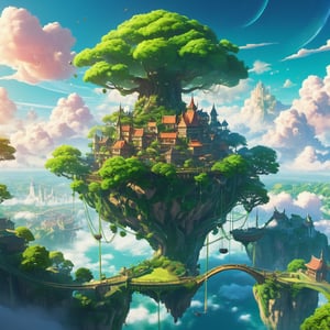 ((spring-inspired videogaming landscape, a city built into a tree, on top of a floating on island with a lush green hillside, above clouds, rope bridge, video game environment inspired by Mike beeple Winkelmann, fantasy art, palace floating in the sky, anime scenery, an island floating in the air, flying trees and park items, amazing wallpaper, 4k high res, very beautiful photo, floating city on clouds, magical colors and atmosphere, yggdrasil, anime epic artwork, bloom. high fantasy
