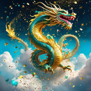 Falling confetti, A beautiful Chinese dragon rising into the celestial sky, confetti, chinese new year, stars above with clouds below, Clint Cearley, Daarken, Jeremy Mann, hyper-detailed, hyperrealistic, digital art, detailed background, epic, cinematic, vibrant saturated colours, divine light, cyan, white, yellow, fantastical, dreamy, ethereal