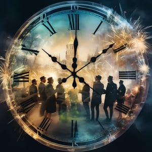 Double exposure of a group new years celebration overlaid over a clockface, layered, transparencies, double exposure style, collage digital photo illustration