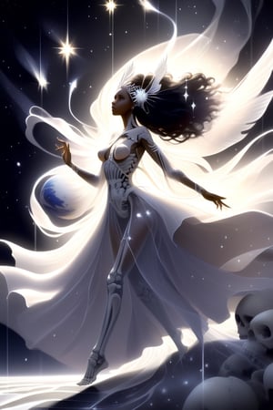 beautiful dark skinned African queen of space ((flying)) among the cosmos, 30yo woman, stars in her eyes, (((translucent skin made of stars showing parts of her skeleton))), completely white long hair, cinema 4k, cinematic, ethereal, magical, cosmic, full body, curvy, high resolution, flying, dynamic flying pose, covered of stars, realistic skeleton parts, skull, flowing movement, lines, light, lips parted, wonder and awe, reflections, catchlights, subsurface scattering, global illumination, realistic proportions ,eyes shoot,real_booster