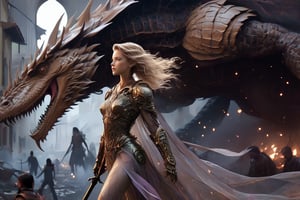 "Dark romance fantasy, close up of a woman with sword wearing dragon bone armor standing above a city, an army looking up at her, embers", bones, ribcage style armor, eldritch, dracolich-like armor, wavy golden dark blonde hair, Masterpiece, Intricate, Insanely Detailed, Art by lois van baarle, todd lockwood, chris rallis, anna dittmann, Kim Jung Gi, Gregory Crewdson, Yoji Shinkawa, Guy Denning, smooth, natural Chiaroscuro, subsurface scattering vfx, actionpainting, best quality, smooth finish, masterpiece,DracolichXL24,art_booster,LegendDarkFantasy,ellafreya,renny the insta girl,real_booster,oil paint ,Decora_SWstyle