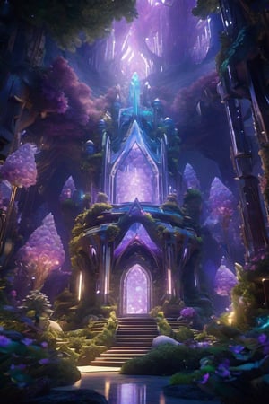 An ultra-high-definition 8K masterpiece depicting a minuscule crystal city entrapped inside a crystal, resembling quartz or amethyst, forms a delicate abode adorned with intricate nature-inspired details. The interior is illuminated with a warm glow, while the exterior shimmers with iridescent reflections. A captivating fairycore aesthetic permeates the scene, with volumetric lighting and dreamlike realism. The background reveals a lush, immersive forest, and the atmosphere is ethereal and mesmerizing.
