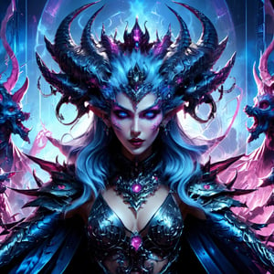 1girl, perfect face, Dark synth war deity, deified queen, empress, intricate horns, many arms goddess, holding magic, holding swords, army of the dead behind her, epic, digital illustration painting, perfect face, perfect hands, perfect composition, blue and pink horrorcore scifi synth art painting,more detail XL