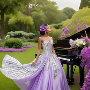 A woman with a sleek, silver-toned complexion, standing in a serene garden setting. She is adorned in a flowing dress made of musical sheets, with notes and symbols printed on them. The woman holds a vibrant purple flower close to her face, seemingly admiring its beauty. Behind her, a grand piano is positioned, suggesting a musical theme. The garden is enveloped in a pinkish hue, with trees and foliage that appear to be made of cascading fabric or mist. The sky above is overcast, adding a touch of melancholy to the overall ambiance.