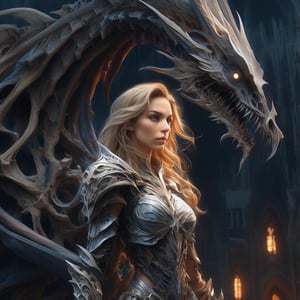 "Dark romance fantasy, close up of a woman with sword wearing dragon bone armor standing above a city, an army looking up at her, embers", bones, ribcage style armor, eldritch, dracolich-like armor, wavy golden dark blonde hair, Masterpiece, Intricate, Insanely Detailed, Art by lois van baarle, todd lockwood, chris rallis, anna dittmann, Kim Jung Gi, Gregory Crewdson, Yoji Shinkawa, Guy Denning, smooth, natural Chiaroscuro, subsurface scattering vfx, actionpainting, best quality, smooth finish, masterpiece,DracolichXL24,art_booster,LegendDarkFantasy,ellafreya,renny the insta girl,real_booster