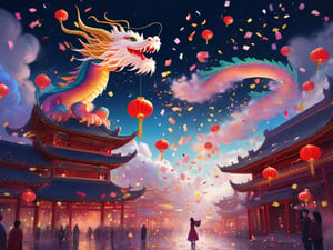 dreamy, aesthetic fantasycore art, "cute adorable confetti cloud chinese-dragon dissolving into confetti, confetti falling", over a chinese new year city, fairytale concept art, eldritch, line art, starry background, dreaminess, digital surrealism illustration, lowbrow art movement, exquisite illustration, hauntingly beautiful art, amazing movement, perfect flowing composition, leading lines, illusions, reflections, subsurface scattering Meaningful Visual Art, masterpiece, impossible dream