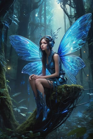 A captivating conceptual painting of a mysterious tech fairy perched in a futuristic cyber forest. The fairy, with iridescent wings, glows in various shades of blue, contrasting with the dark, neon architecture of the forest. A cyborg-like creature can be seen in the background, contributing to the dystopian atmosphere. The image is cinematic in nature, with a strong focus on the fairy's eyes and expression, invoking a sense of wonder and curiosity., poster, illustration, conceptual art, painting, cinematic