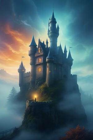 poster featuring the title words "the castle in the fog" in fantastical typography, on a digital illustration featuring two characters sneaking into a castle with a touch of horror. Background and setting that suggests a story beyond the ordinary. Hair and face details, atmospheric, perspective and depth, dynamic composition with a sense of movement. Semi-realistic stylized realism enhanced with artistic flairs. Narrative mystery, an otherworldly atmosphere, mystical and enigmatic with a blend of surrealism and sci-fi and fantasy. Flowing, ethereal. Soft lines, dreamy textures, Strategic use of glowing elements to highlight areas, adding depth and focus.