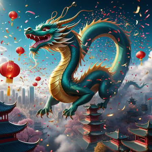 "A chinesedragon dissolving into confetti as it flies high over the city", confetti dragon, emphasize the beautiful winding movement of the flying dragon, above clouds and floating lanterns, falling glitter, new years, beautiful and ethereal, surrealism digital illustration, gorgeous linework, fluid movement 