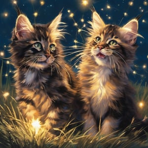 Two Maine Coon kittens, their fur illuminated by the soft glow of sparklers held in their mouths, leave a trail of shimmering sparks as they frolic across a lush, moonlit grassy field. Against the backdrop of a starry night sky, fireworks burst into vibrant color, casting a kaleidoscope of hues upon the silhouettes of people seated on blankets below. A sprinkle of fireflies and glowing particles dance in the air, as if summoned from the void by the kittens' whimsical play. The atmosphere is one of enchantment and fantasy, as if the very fabric of reality has been woven with magic.