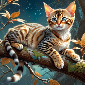 Detailed illustration of a regal bengal kitten laying on a branch, very highly detailed, intricate, magnificent, fantasy art by Android Jones, Gil Elvgren, Carne Griffiths, Victo Ngai, Amanda Clark; Silver moonscape, fantasy concept art, 8k resolution, hyperdetailed matte painting