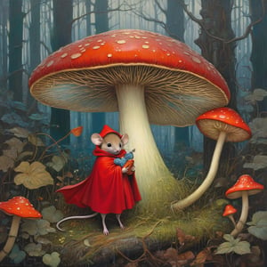 Rebecca guay and android jones and van gogh, A small mouse is in the forest in the rain shielding himself under a large red caped mushroom 