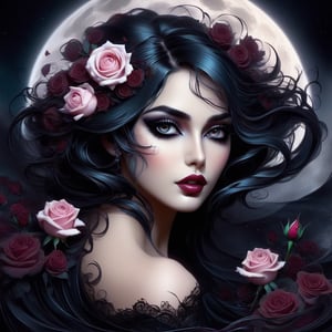 Gothic fairytale, paint flow, elegant, haloed by the moon, roses, swirling lines, abstraction, conceptual, realistic face, beautiful, (gorgeous eyes:0.3), Decora_SWstyle