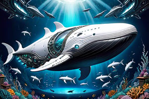 biomechanical style giant whale alien spaceship under the sea with cyborg sea beings around in ocean krater . blend of organic and mechanical elements, futuristic, cybernetic, detailed, intricate