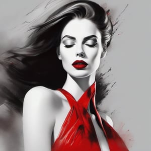 SelectiveColorStyle, b&w with spotcolor of red, ink stained wash painting. A fashion model grey woman with her eyes closed. Shiny Red lipstick. Best quality with insane detail and sharp focus. Niji style