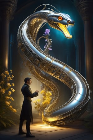 Digital illustration of a person confronting a towering silver filigree mechanical robot snake, with glowing eyes, and with delicate bioluminescent flowerblooms winding through its articulated metal bones, casting a mysterious aura, invoking a bloomcore aesthetic, digital painting, golden ratio, dramatic lighting, ultra realistic., Mysterious mechanical 