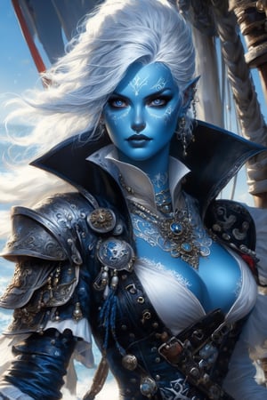 1woman, air genasi character, blue skin, aetherpunk pirate on a pirate ship, pirate outfit, pirate captain hat, glitter, white silvery hair, fine lines, ornate, aetherpunk setting, detailed setting, realistic anatomy, hyperreal, stunning, mystical, high contrast. Action, energy, flowing movement, sharp focus, intense eyes, (Masterpiece, epic, best quality:1.2), 16k,AirGenasiSW24,Decora_SWstyle,more detail XL,real_booster,eyes shoot