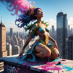 Dissolving person (made of graffiti:1.4) sitting on the roof of a skyscraper, tendrils of dissolving paint coming off of them, paint drops dissolving, graffiti dissolving, made of living graffiti, by Nychos, digital painting masterpiece, energy, rich color, artstation, unreal engine 5, fine details, detailed brushwork, 8k, clean image, contrast and depth, atmospheric perspective, reflections, chiaroscuro,Decora_SWstyle,renny the insta girl,ellafreya