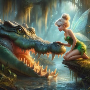 Beautiful tiny fairy tinkerbell petting a large scary startled crocodile on the nose by Raymond Swanland :: Anna Dittmann :: Anne Stokes :: Greg Olsen :: photorealistic :: hyperdetailed :: vibrant deep colors, mangrove swamp, neverland, magical