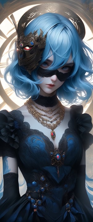 1girl, solo, ornate helmet jewelry, blue hair, upper body, necklace, black dress, bracelet, mask, ring, facing viewer, covered eyes, (gerald brom:0.7), Decora_SWstyle,sooyaaa,ellafreya