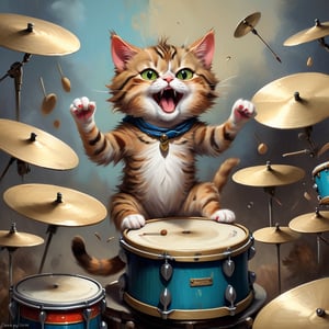 A playfully fuming "Purr-cussionist Tempo-tantrum" captures a cute cat furiously jumping on drum cymbals, creating a cacophony of sound. This whimsical scene is depicted in a vividly detailed painting, showcasing the cat's fluffy fur, twitching tail, and intense stare as it wreaks adorable havoc. The artist skillfully blends humor with chaos, resulting in a charming yet noisy portrayal of feline frustration.