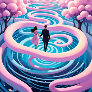 Pastel color palette, bathed in dreamy soft pastel hues || Bold illustration, digital artwork of a couple walking hand in hand in a cloud maze. background with swirling lines and decorative elements. Storybook illustration inspired, charlie bowater and Gediminas Pranckevicius and victo ngai, surreal fantasy illustration, realistic proportions, complex composition, linework, decorative elements, vector painting, highly detailed, digital illustration, artstation, beautiful, wholesome, nostalgia, high quality, cotton-candy-colors || impossible dream, pastelpunk aesthetic fantasycore art, beautiful soft pastel colors