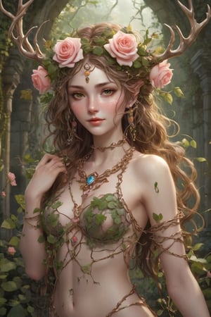 ((Imagine a druid-woman with a body entirely composed of intertwining rose blossoms and thorny vines)). delicate doe spots adorning her cheeks while sharp thorns protrude from her body's vines, an aura that shimmers with the delicate hues of glass prisms and blooming roses,  Elegant antlers with golden chains and gem jewelry and ornaments hanging from them, She hold her hands in a Heart shaped pose with a soft wistful smile, vines and blossoms surround her as she walks through ruins reclaimed by nature,  bloomcore style, Each petal and thirn is meticulously crafted, forming intricate patterns that cascade along her body like a living tapestry. She exudes an aura of power and majesty and mystique, an alluring scent of roses fills the air, she is nature itself