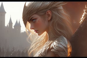 "Dark romance fantasy, close up of a woman with sword wearing dragon bone armor standing above a city, an army looking up at her, embers", bones, ribcage style armor, eldritch, dracolich-like armor, wavy golden dark blonde hair, Masterpiece, Intricate, Insanely Detailed, Art by lois van baarle, todd lockwood, chris rallis, anna dittmann, Kim Jung Gi, Gregory Crewdson, Yoji Shinkawa, Guy Denning, smooth, natural Chiaroscuro, subsurface scattering vfx, actionpainting, best quality, smooth finish, masterpiece,DracolichXL24,art_booster,LegendDarkFantasy,ellafreya,renny the insta girl,real_booster,oil paint 