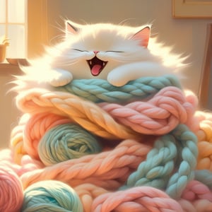 I want to paint a warm, soft, 

 cute small cat, chubby,  running around playing with yarn in living room,
wool blanket,
, smile, dreamy,
cozy picture that I can feel in warm becauseoo ,  cushions, blankets, scarf, and so on. 
ball of yarn,

dreamy, pastel-toned, romantic, warm, fantasy, mellow, soft, cozy, moist, morning light,

Silke Leffler, Gabriel Pacheco, Chihiro Iwasaki, Oliver Jeffers, captivating