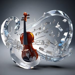 high quality, 8K Ultra HD, Musical notes and musical instrument shapes inside a violin made of clear glass crystal, high detailed, 