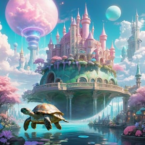 Pastel color palette, bathed in dreamy soft pastel hues || pastelpunk aesthetic fantasycore art, UTOPIAN WORLD, utopia | a utopian world on the back of a giant space turtle, a turtle that is floating in the water, in front of a fantasy city, fantasy art style, floating city on clouds, space and time, an ai generated image, discord profile picture, garden utopia, a bustling magical town, caravagio, visual key, utopia | perfect composition || impossible dream, pastelpunk aesthetic fantasycore art, vibrant soft pastel colors