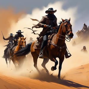Action painting,  concept art, a outlaw trying to outride a group of lawmen and a gathering sandstorm,, epic  scene, textured brushwork, speedpaint, sparth, henrik sahlstrom