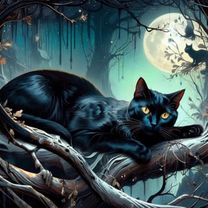 Detailed illustration of a regal black cat laying on a branch, very highly detailed, intricate, magnificent, fantasy art by Android Jones, Gil Elvgren, Carne Griffiths, Victo Ngai, Amanda Clark; Silver moonscape, fantasy concept art, 8k resolution, hyperdetailed matte painting