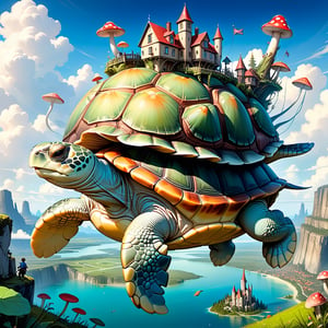 Some pixies!! 🧚🧚‍♀️ Are flying towards a "tortoise!🐢 with a miniature fairy_mushroom_city_village🍄🏙️ sitting on its shell"!!, giant turtle above the clouds, breathtaking borderland fantasycore artwork by Android Jones, Jean Baptiste monge, Alberto Seveso, Erin Hanson, Jeremy Mann. maximalist highly detailed and intricate professional_photography, a masterpiece, 8k resolution concept art, Artstation, triadic colors, Unreal Engine 5, cgsociety, adorable surreal fantasy