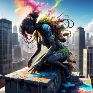 Dissolving person (made of graffiti:1.4) sitting on the roof of a skyscraper, tendrils of dissolving paint coming off of them, paint drops dissolving, graffiti dissolving, made of living graffiti, by Nychos, digital painting masterpiece, energy, rich color, artstation, unreal engine 5, fine details, detailed brushwork, 8k, clean image, contrast and depth, atmospheric perspective, reflections, chiaroscuro,Decora_SWstyle