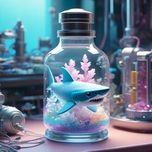 Pastel color palette, in dreamy soft pastel hues, pastelcore, pop surrealism poster illustration ||  Close up of a stunning crystal clear glass bottle with tiny Perfectly crafted Delicate robotic (robot shark:1.5) amongst water and sapphires", complex 3d render ultra detailed of a beautiful porcelain robot bird, robotic parts, beautiful studio soft light, rim light, vibrant details, cyberpunk, hyperrealistic, cable electric wires, microchip, breathtaking fantasycore by Android Jones, Jean Baptiste Monge, Alberto Seveso, Erin Hanson, Jeremy Mann. maximalist highly detailed intricate professional photography, masterpiece, 8k resolution concept art, Artstation, cool colors, Unreal Engine 5, cgsociety, octane photograph || bright hazy pastel colors, whimsical, impossible dream, pastelpunk aesthetic fantasycore art, beautiful soft pastel colors