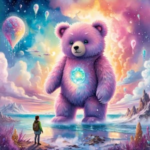 Dreamy storybook watercolor digital art, In a post-apocalyptic plush alien landscape, a towering creature made of soft, neon-colored fur and sparkling gemstone eyes stands amidst a sea of fluffy clouds and glittering crystals. This otherworldly being, resembling a mix of a giant teddy bear and a mythical creature, exudes an aura of mystery and wonder. The image, a digitally painted masterpiece, captures every intricate detail with stunning clarity and vibrant colors. The overall effect is mesmerizing, inviting viewers to delve into a dreamlike realm of imagination.