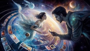 A man orbiting a woman in space, he is looking at her and she is looking away, holding postcards in her hand. The image is inspired by the works of anna dittmann, Yoann Lossel, Iren Horrors, Abigail Larson, and Henri Fantin-Latour. The style is space fantasy, with beautiful ethereal mathematical phosphorescent fluorescent transcendental elements. The technique is mixed media, with a textured painting effect,art_booster,Decora_SWstyle,photo r3al,