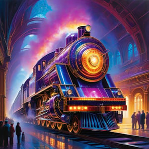 In a brilliantly vivid depiction, the radiant steam-engine train made of crystalized metals. The main subject of this image is a train's well-lit and colorful containment area for passengers. This description is in the form of a painting, showcasing the artist's immense attention to detail. The train's crystalized metallic walls are adorned with a mesmerizing array of shimmering hues, ranging from vibrant blues to deep purples. The sleek design of the ship gleams under the perfect lighting, giving the image a sense of pristine perfection. The sharpness and clarity of the painting perfectly capture every intricacy of the scene, creating a captivating masterpiece that immerses viewers in the vibrant world of space exploration.