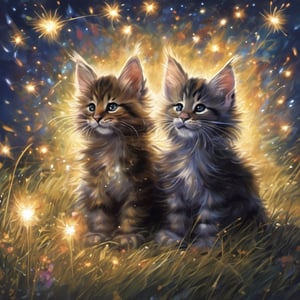 Two Maine Coon kittens, their fur illuminated by the soft glow of sparklers held in their mouths, leave a trail of shimmering sparks as they frolic across a lush, moonlit grassy field. Against the backdrop of a starry night sky, fireworks burst into vibrant color, casting a kaleidoscope of hues upon the silhouettes of people seated on blankets below. A sprinkle of fireflies and glowing particles dance in the air, as if summoned from the void by the kittens' whimsical play. The atmosphere is one of enchantment and fantasy, as if the very fabric of reality has been woven with magic.