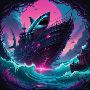 (((Underwater))) painting, shark swimming past a shipwreck, dan mumford and peter mohrbacher, antin fadeev, anato finnstark, dark purpleblue background, lovecraft style, silhouette :7, intricate artwork. neon eyes, character design : : gothic, magenta coralreef with twisting shapes, distant pirate neon shipwreck, storybook layout, realms, inspired by Cyril Rolando, detailed silhouette, tendrils calmly conversing 8k, looking through a neon cyan ocean, pink sky blue ocean, beautiful avatar pictures, psychedelic