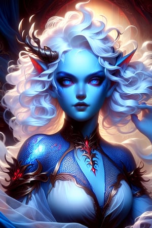 Heavenly daemonic, blue skinned demon girl with lethargic sleepy smokey eyes, blue skin, red eyes, flowing white hair curls , mesh fishnet blouse, (long intricate horns), warm light,  best quality, highest quality, extremely detailed CG unity 8k wallpaper, detailed and intricate, anna dittman, ivan bilbin, fantasy realism, colorful tattoos, body tattoos, no_face_markings, Decora_SWstyle,AirGenasiSW24